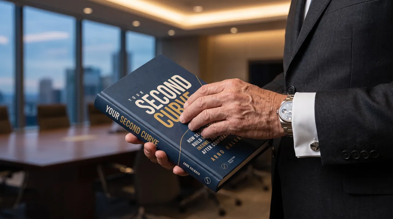 A senior executive in a dark suit holds the navy Your Second Curve hardcover in a top-floor boardroom.