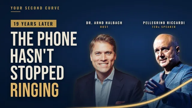 Dr Arnd Halbach and Pellegrino Riccardi, TEDx speaker, beside the headline “19 years later: the phone hasn’t stopped ringing”